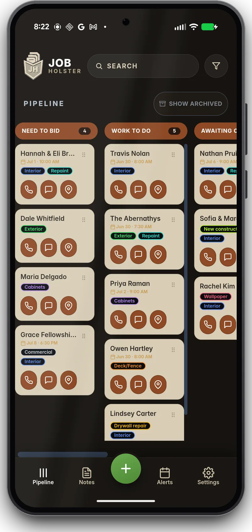 Job Holster pipeline board with jobs organized into Need to Bid, Work to Do, and Awaiting columns