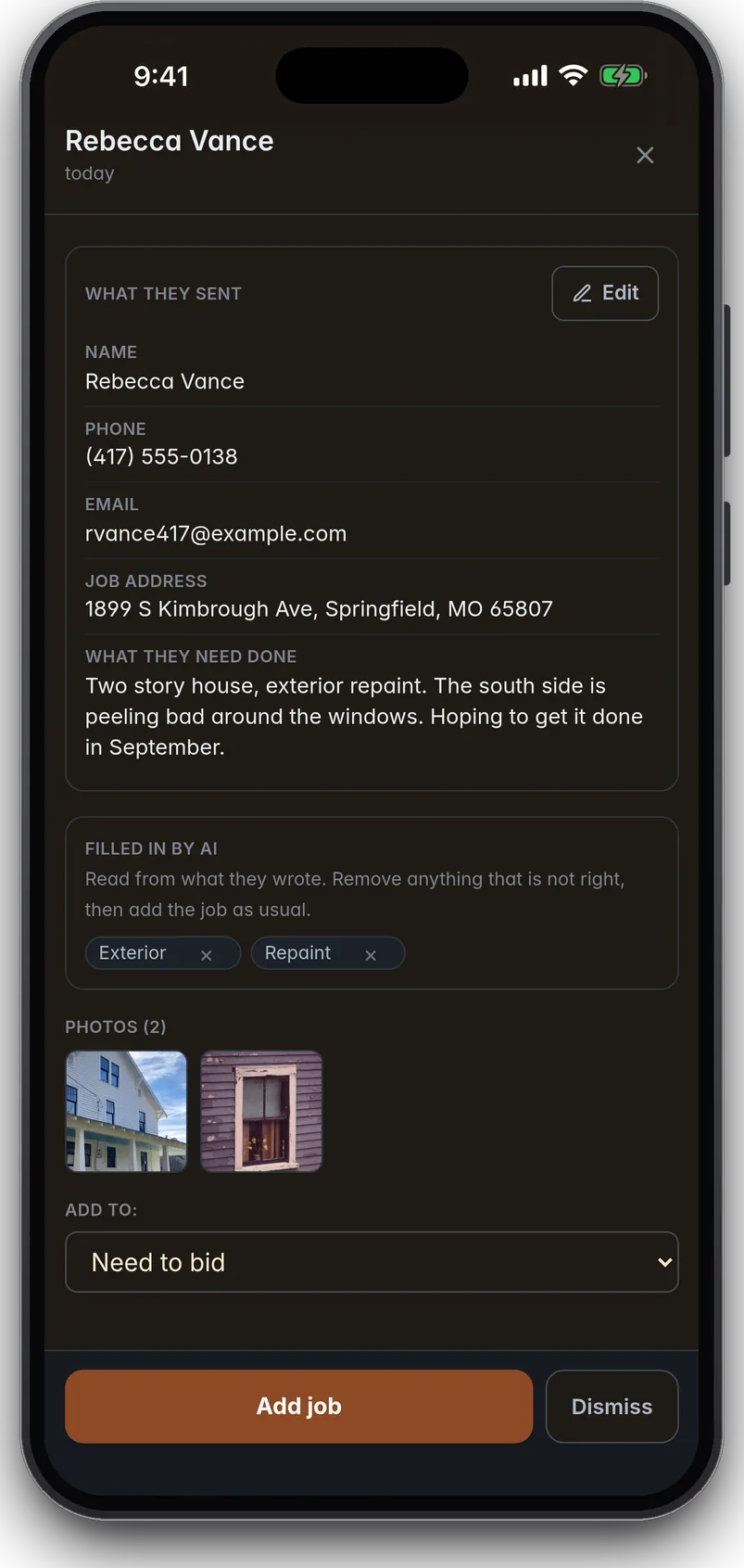 Job Holster request review screen showing what a customer sent, two photos, tags filled in by AI, and Add job and Dismiss buttons